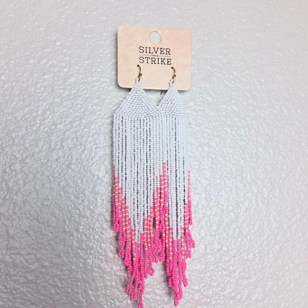 Silver Strike Pink And White Beaded Earrings
